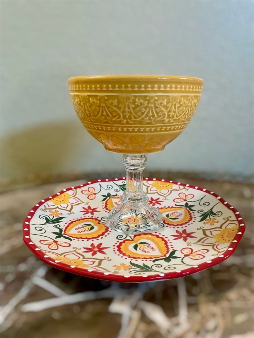 Vtg Threshold Naomi Appetizer Bowl Glass Coupe with Red Floral Pedestal Plate